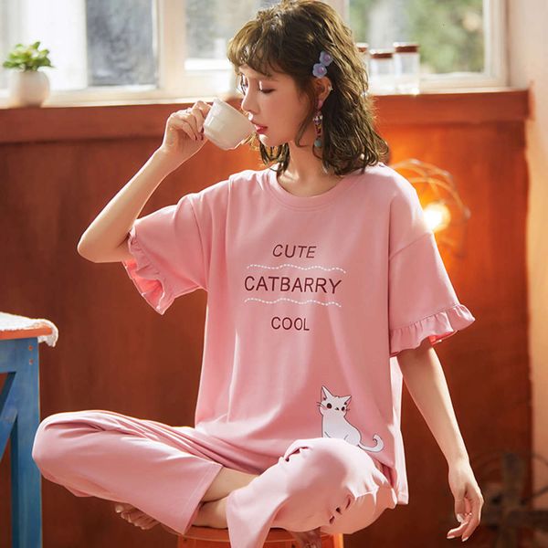 

summer pajamas women's cotton short sleeve loose cute cartoon korean version home clothes princess style two piece suit spring autumn w, Black;red