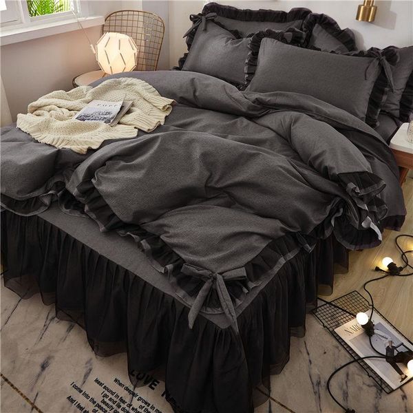 

black lace bedding set twin full  king bedspread princess duvet cover set pillowcase girls lace bed skirt luxury bedclothes
