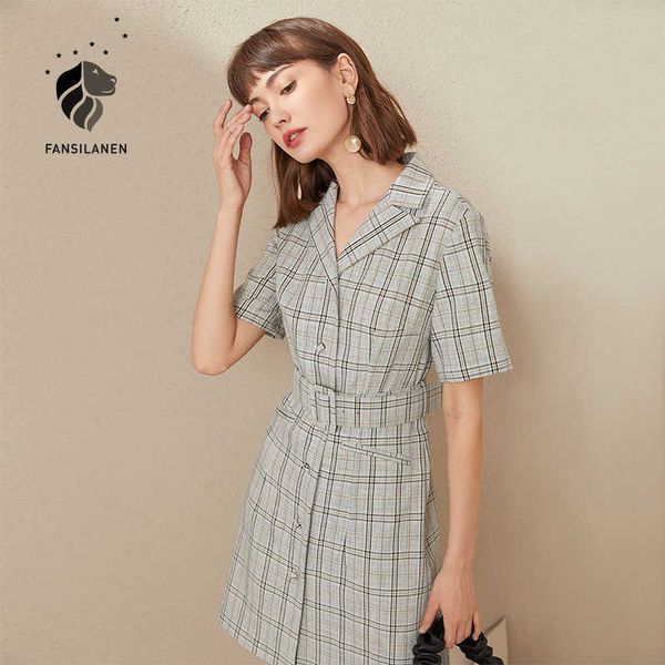 

fansilanen office lady short plaid blazer dress women sleeve gray belt elegant summer button up casual es 210607, Black;gray