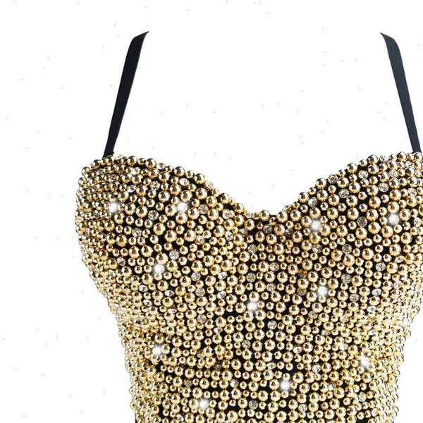

handmade summer rhinestone bustier gold pearl crop sleeveless women for stage party tank vest, White