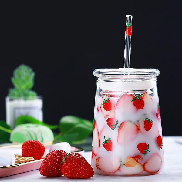 

wine glasses large capacity transparent cute strawberry straw coffee mug with lid simple modern heat resistant glass milk mugs juice tea cup