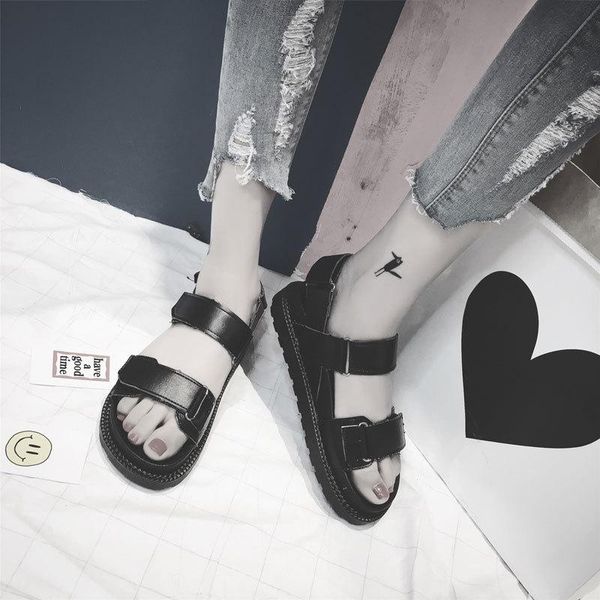 

sandals summer women's shoes flat magic sticker all-match student, Black