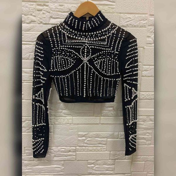 

women's t-shirt woman black nude pearls beading diamond two pieces set night party outfit vintage vestios e5, White