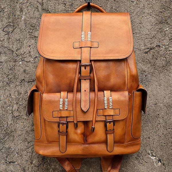 

backpack cow leather backpacks for travel school men's 15' laplarge capacity drawstring bag rugzak bagpack mochila