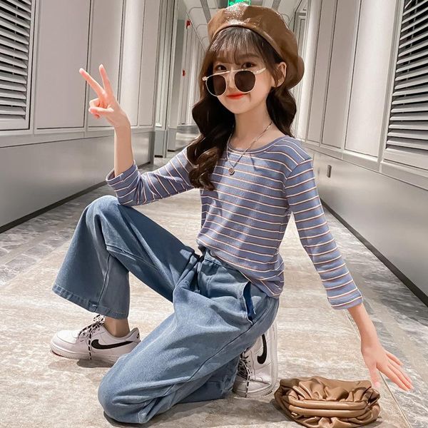 

clothing sets teenage hooded spring autumn warm children girls suit sweatshirts jeans 2pcs/sets red kids sport wide leg pants school, White