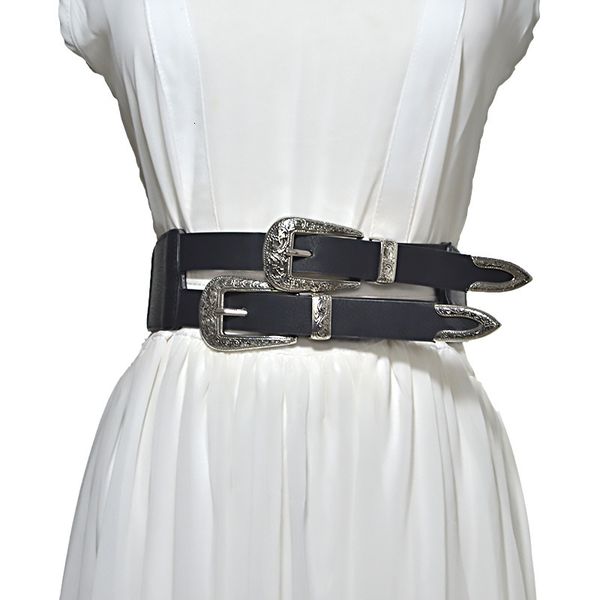

decorative pattern alloy pin buckle women's elastic wide belt women's fashion versatile double button decorative waist cover, Black;brown
