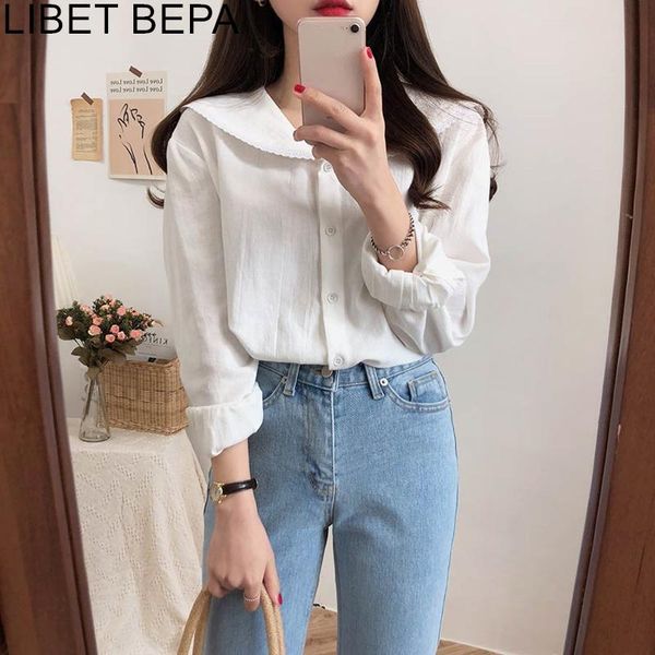 

new 2021 spring summer women's blouses casual turn-down collar fashionable single breasted shirts lace up white wild bl1911