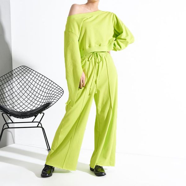 

two piece dress lanmrem 2021 round neck full sleeves pullover lantern sweatshirt and elastic length pants suit wh40306, White