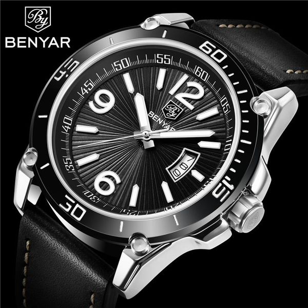 

wristwatches benyar relogio masculino quartz business men wrist watch waterproof fashion sport leather date clock 2021, Slivery;brown