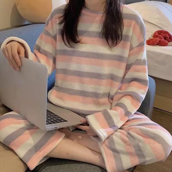

stripes printed pajamas set full womens sleepwears sleeve flannel warm pyjamas thick coral velvet sleepwear home suit for pijamas, Black;red