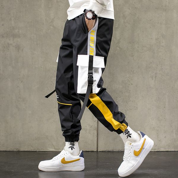 

hip hop ribbons cargo pants men joggers pants streetwear men 2021 fashion elastic waist mens casual trousers sweatpants, Gray