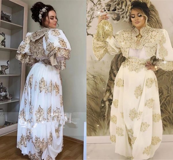 Cezayir Kaftan Marocain De Soirée Gelinlikler Altın Dantel Uzun Kollu Arapça Geleneksel Kosova Vestidos Akşam Parti Elbiseler