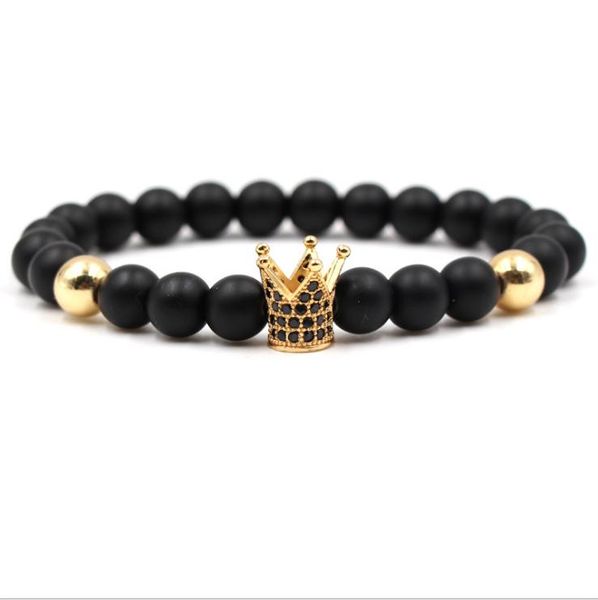 

charm bracelets 8mm fashion natural black stone beads zirconia crown men and women gold jewelry elastic bracelet, Golden;silver