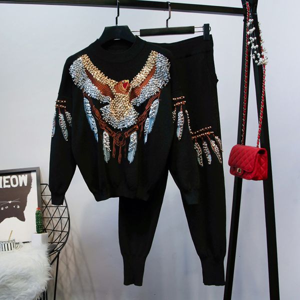 

fashion loose black knitted tracksuit outfits women handwork beading eagle pattern sweater pencil pants casual knit set female hkel, Blue