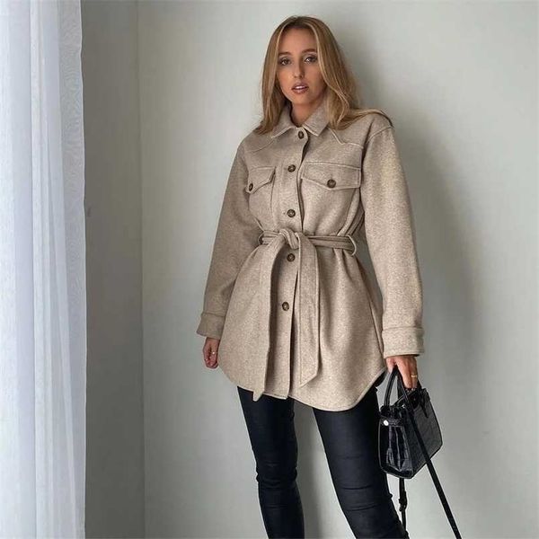 

fall winter women jacket long sleeves belted warm thicken casual fashion high street za coat outfits 211029, Black;brown