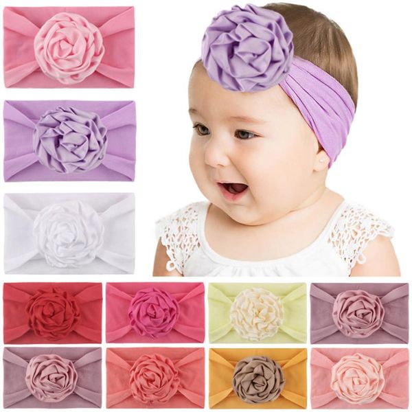 

hair accessories baby elasticity headbands children satin ribbon turban soft coiled nylon flower band infant headwear, Slivery;white