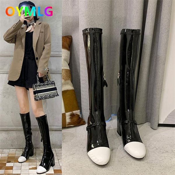 

boots thin high women but knee 2021 patent leather high-heeled square toe net red knight, Black