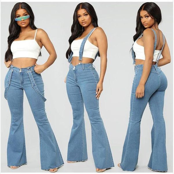 

women's jeans denim bell-bottoms solid color with buttons suspender overalls spring autumn high street flares trousers, Blue