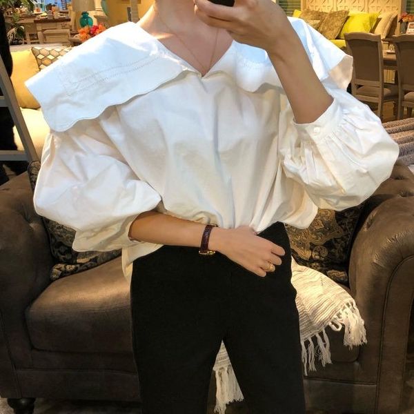 

women's blouses & shirts korean retro casual navy collar pullover loose-fit solid color puff sleeve shirt office lady v588, White