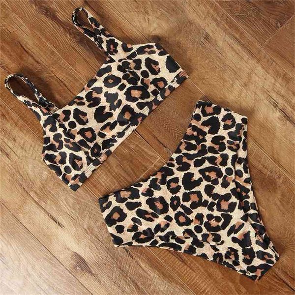 Sexy Bikini Leopard Badeanzug Hohe Taille Badeanzug Push Up Plus Size Beachwear Bandage Swimwear Frauen Bandeau Biquini 210702