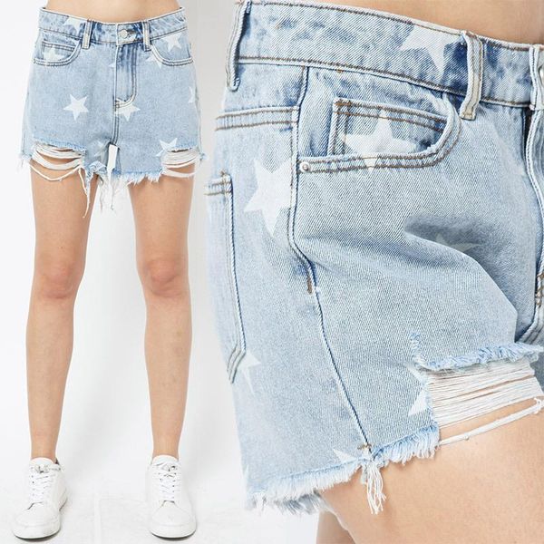 

women's jeans donsignet women summer denim shorts hole star tassel warp hip pants fashion short for, Blue