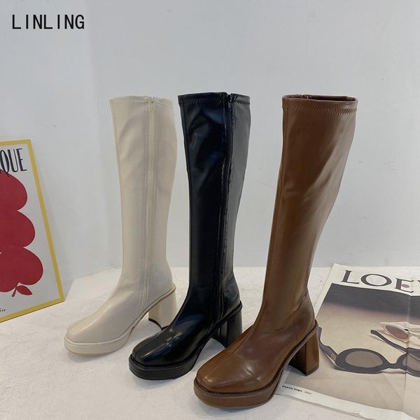 

boots thigh high bootties quality round toe knee knight 2021 fashion square heel women brown black winter long shoes
