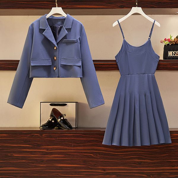 

Plus Size Autumn Elegant Winter Office Suit Blazer Top and Girdle Dress of Two Garments Set for Women's Fashions X62b, Black;gray