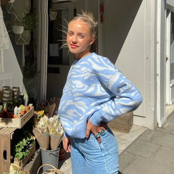 

ladies print knitted pullovers women sweater knit loose jumper autumn winter sweaters women soft slim fit knitwear female 211014, White