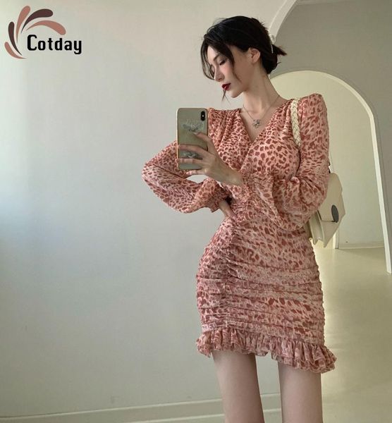 

cotday leopard velvet pink print slim was thin women's velvet high street v-neck high waist hip dress frocks feminino, Black;gray