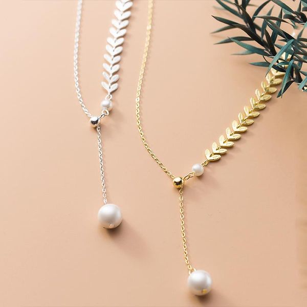 

chains a00977 jazaz cute romantic wheat ear leaf pearl clavicle charms pendant necklace for women 925 sterling silver wedding jewelry
