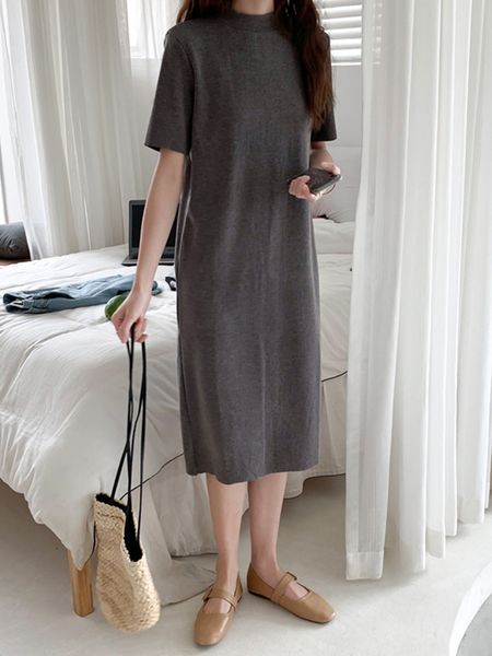 

temperament mid-length bottoming skirt 2021 black short-sleeved half-high collar knitted dress, Black;gray