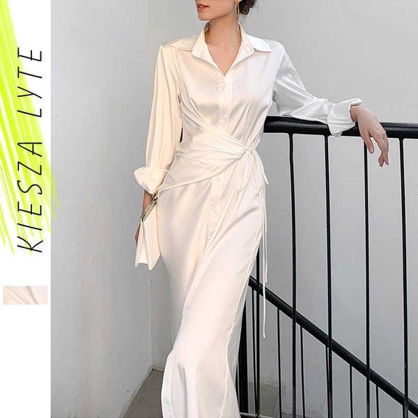 Französisches elegantes weißes Hemdkleid für Frauen, Runway Fashion, Bürodame, langärmelige Kleider, hohe Qualität 210608