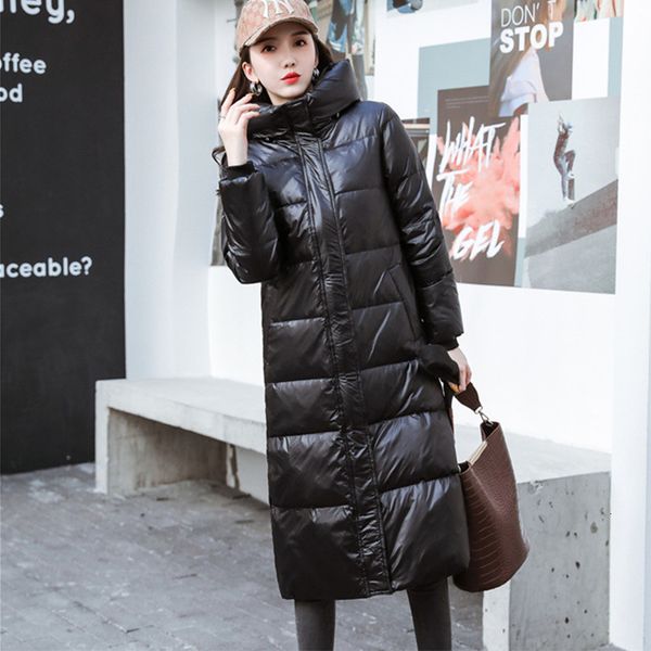 

2021 new winter women hooded long down coat casual female solid color thick warm black parka loose fit windproof outwear 3m29