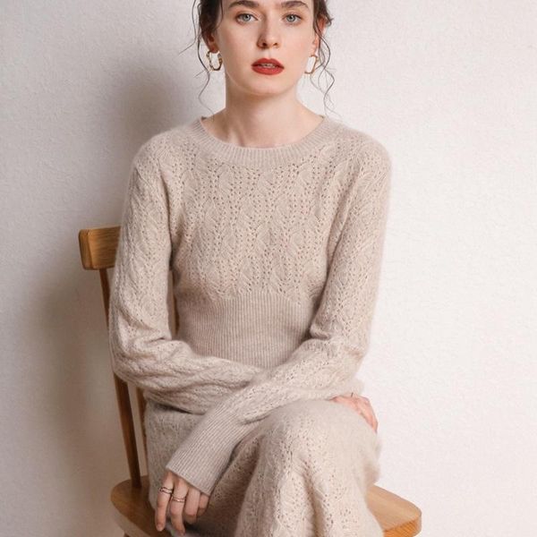 

casual dresses hollowed out dress women's round neck bottomed knitted medium length over knee sweater a-line thin, Black;gray