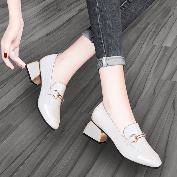 

2021 Autumn new Women Dress Shoes High Heels Patent Leather Boat Shoes Metal Square Heels Pumps Black Office Shoes Ladies 8628NDress, Beige