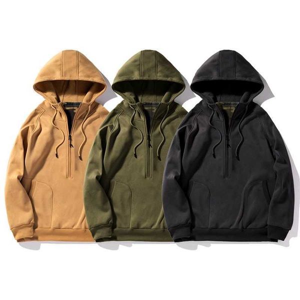 

haoteng function fashion brand men's v-shaped zipper camouflage hoodie loose color matching, Black
