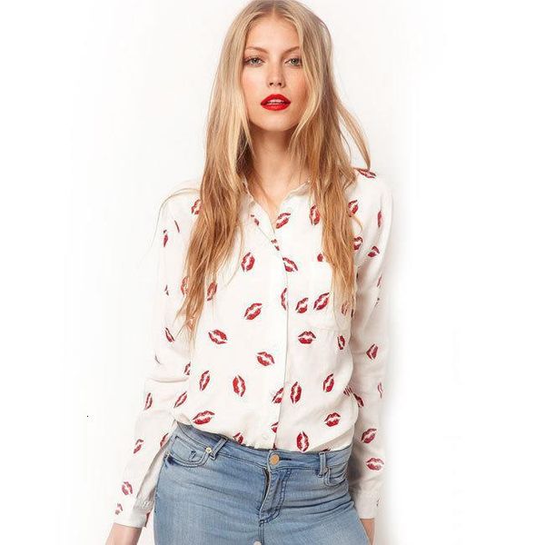 

new fashion women polyester red lips prints chiffon blouse ladies elegant long sleeve shirts casual white black plus size blusa