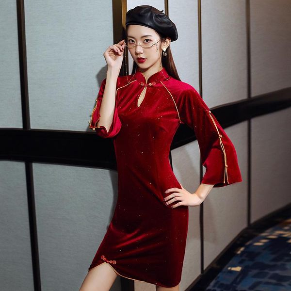 

ethnic clothing velvet chinese modern fashion girl party dress qipao for women, Red