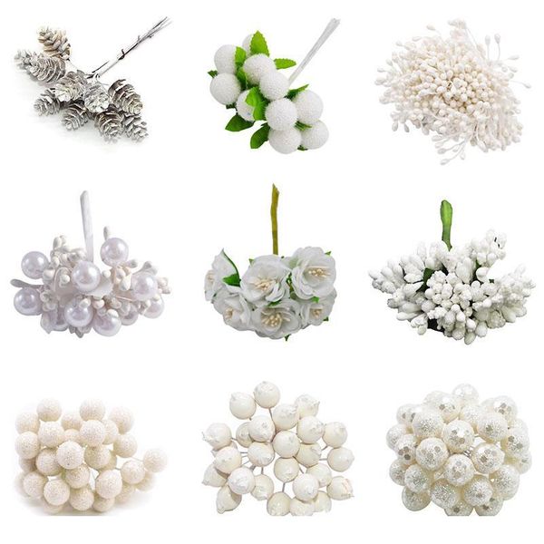 

white theme artificial flower cherry stamen berries bundle diy christmas decoration wedding cake gift box wreaths xm jllljx