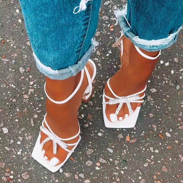 

dress shoes nausk summer women sandals black white rhinestone bowtie ladies square toe ankle strap high heels woman size 41