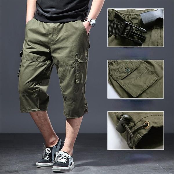 

trousers capri summer fashion women pant casual long length cargo shorts multi pocket cotton breeches, Black