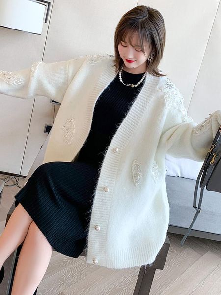 

women's two piece pants villi mix knitted nail bead buckle drill sequins loose knitting cardigan winter plus sizes large size, White