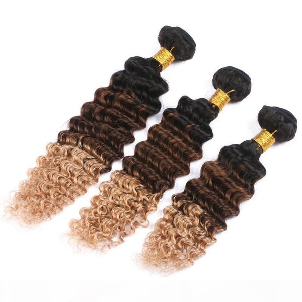 

#1b 4 27 black brown honey blonde 3tone ombre peruvian virgin human hair weave bundles 3pcs deep wave wavy virgin hair weft extensions