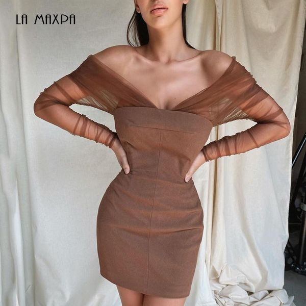 

2021 autumn new fashion women's elegant off the shoulder mesh patchwork mini dress bodycon club party runway dress vestidos, Black;gray