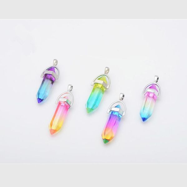 Cores Hexágono Prisma Encantos Pingentes Pingentes de Cristal Clear Chakras Gem Stone Fit Brincos Colar Fazendo Assorted