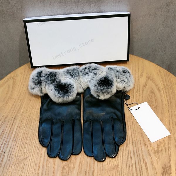

winter leather gloves and wool touch screen rabbit fur cold-resistant warm sheepskin fingers original quality glove with box 21102202q, Blue;gray