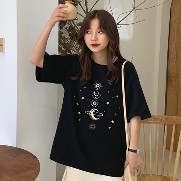 

new harajuku 2021 sun and moon graphic star embroidered t school black summer white short ulzzang loosely feminine shirt e68r
