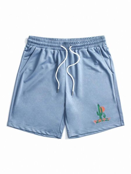 

men japanese letter & cactus print drawstring waist shorts c0ie#, Black