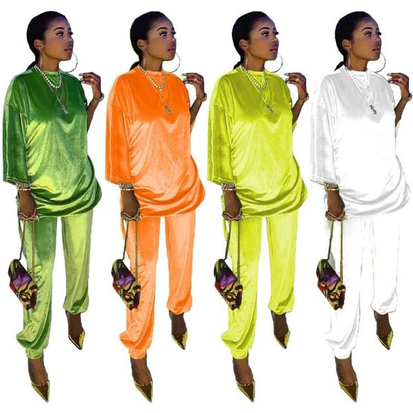 

two piece dress casual outfit set women tracksuit o-neck long sleeve loose and pant sportwear suits, White