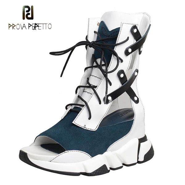 

boots prova perfetto hollow out genuine leather patchwork high shoes women peep toe lace up sneaker female wedge heels sandals, Black